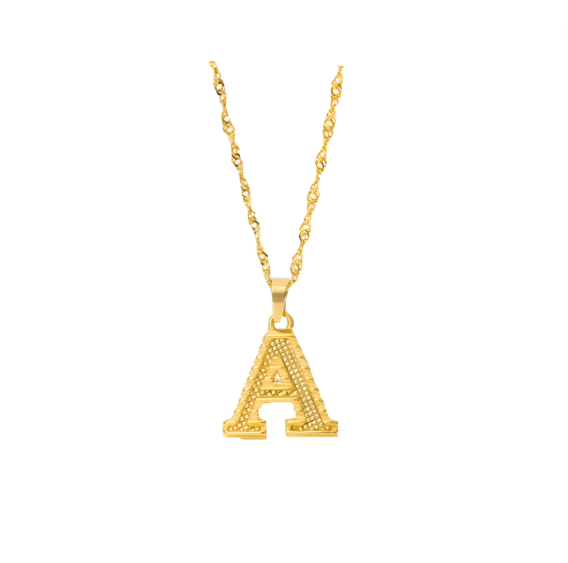 Gold-plated alloy initial pendant necklace with 42cm chain on white background