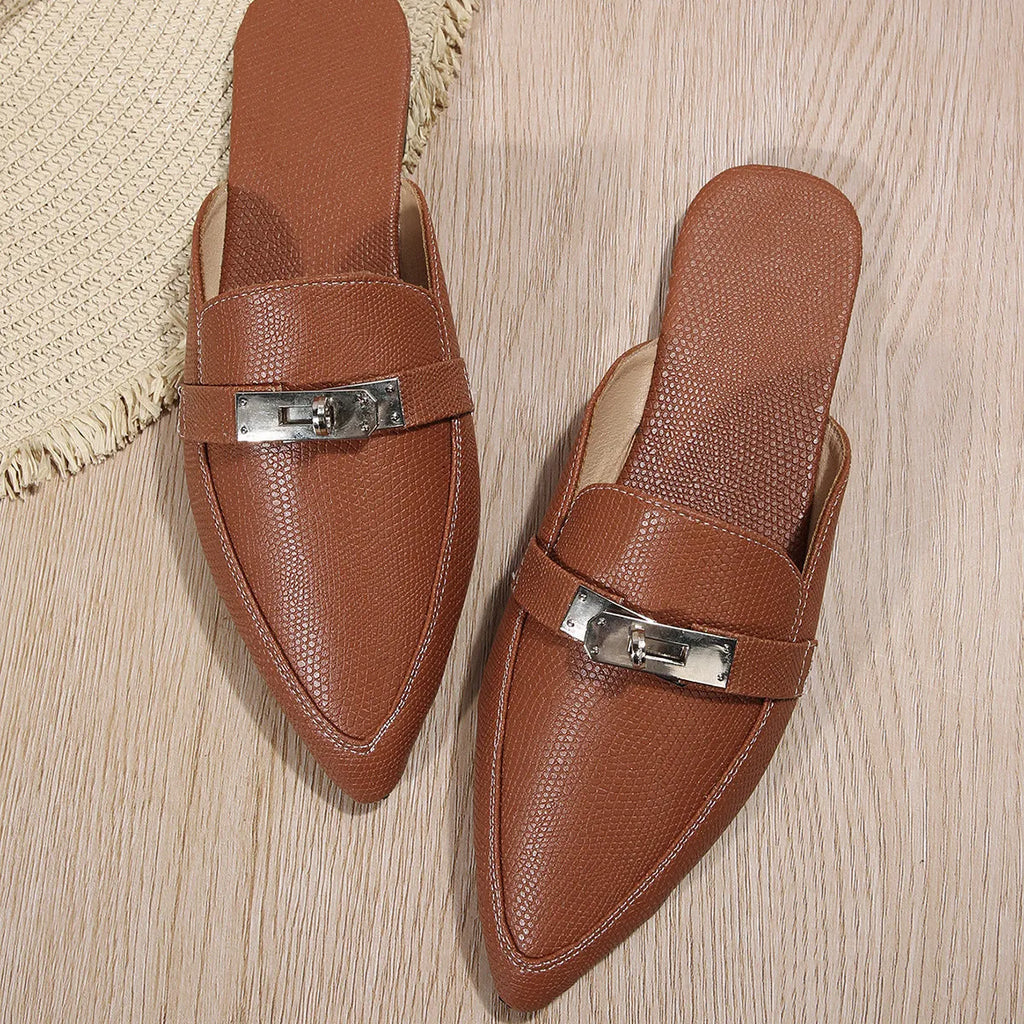 Light brown women's pointed-toe semi-slippers with a low heel and rubber sole