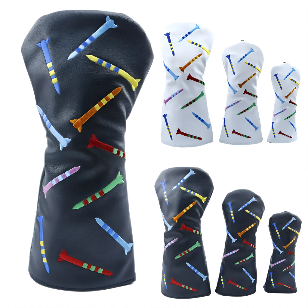 Set of black and white PU golf club wooden poles in three different sizes displayed together.