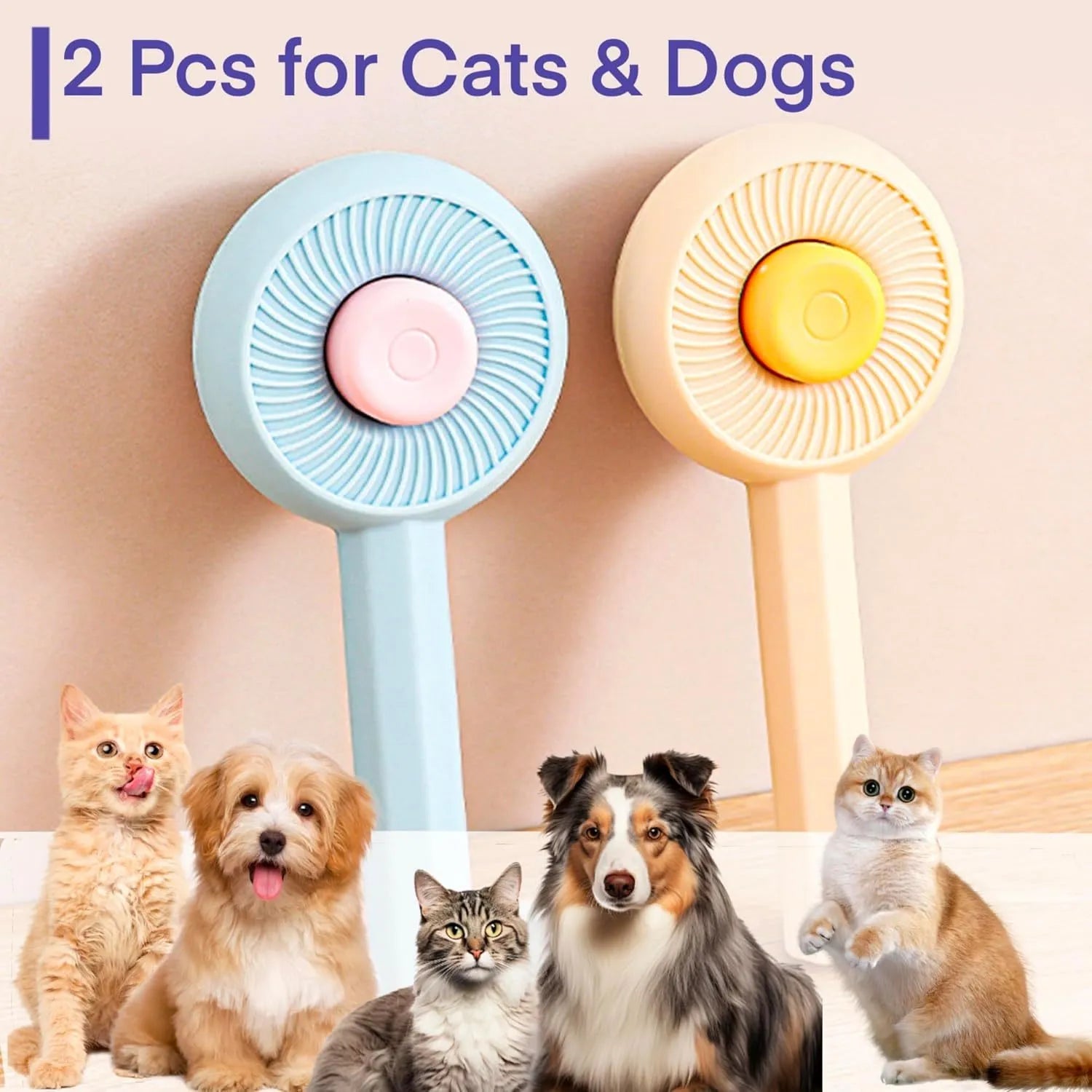 Blue pet grooming brush with self-cleaning button and angled metal pins for cats and dogs