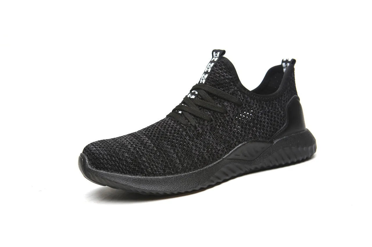 Black steel toe cap safety shoes with anti-static properties and EVA construction on a work floor.