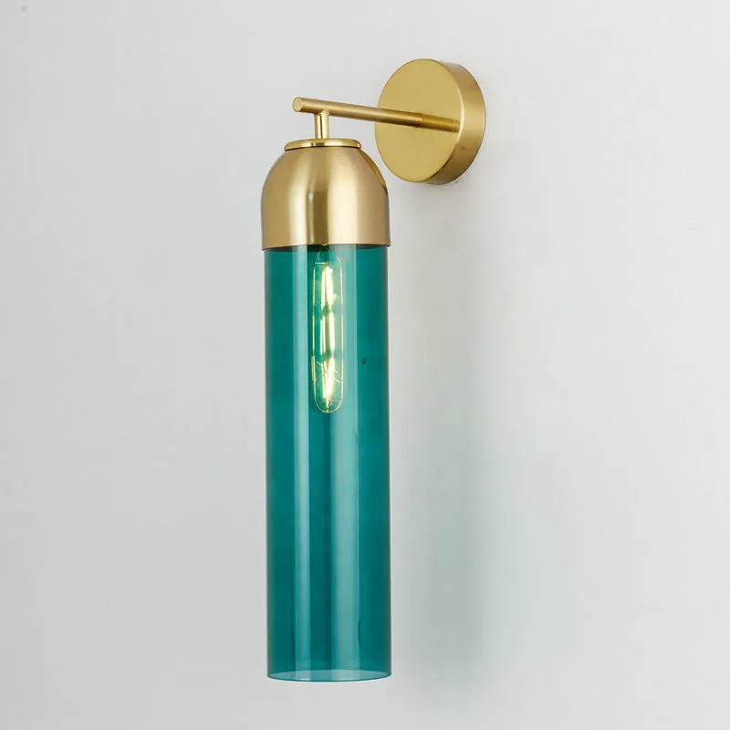 Modern minimalist glass wall lamp with an E27 holder in a choice of light colours on a living room wall.
