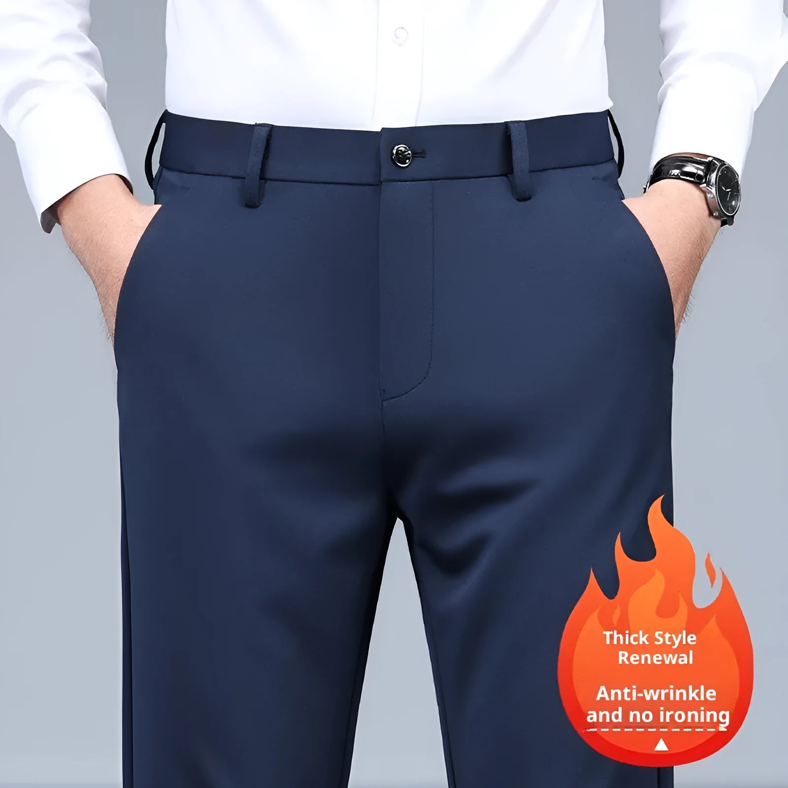 Men's black slim straight formal trousers made from polyester with micro-elastic waist, available in multiple colours and sizes 29-42