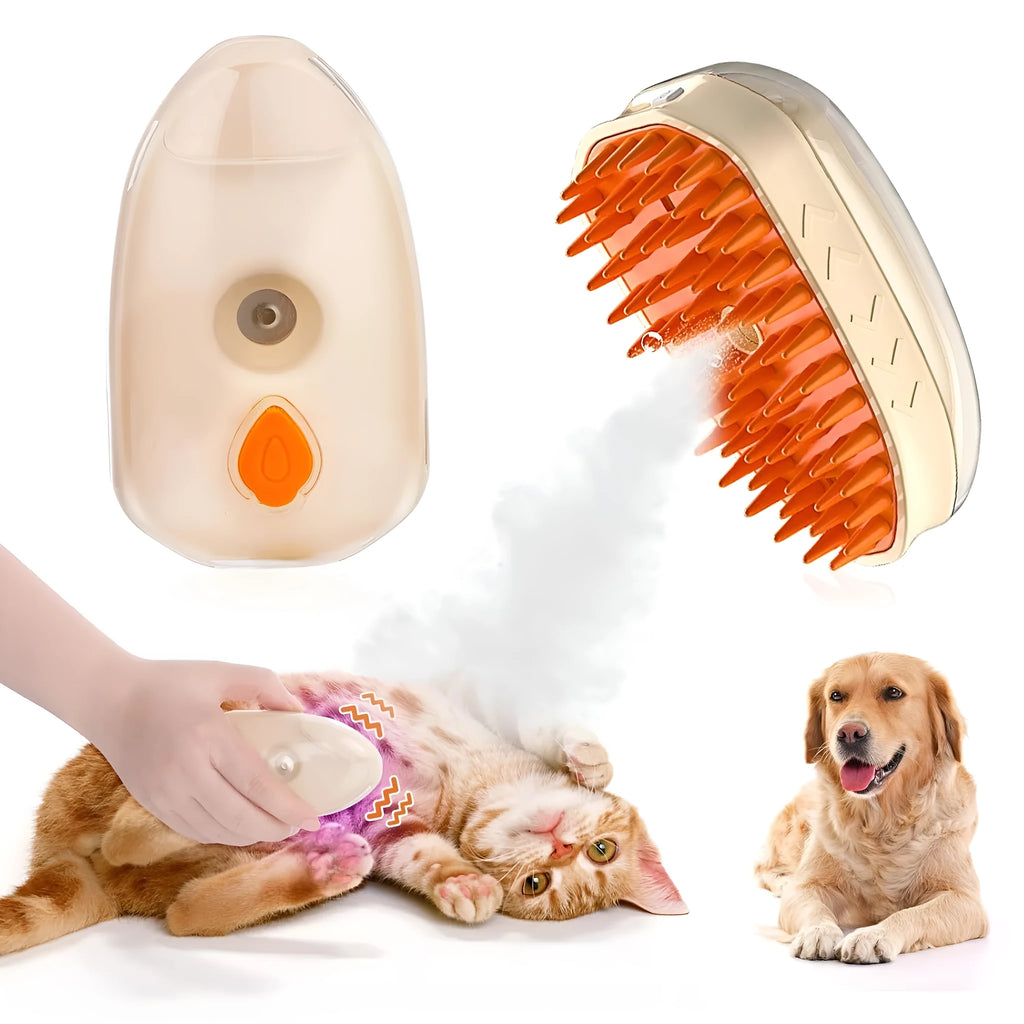 Yellow 4-in-1 cat steam brush with silicone teeth and ringworm detector lamp