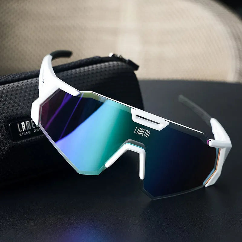 Polarized half-frame road cycling goggles with REVO lens tint, PC frame, unisex design