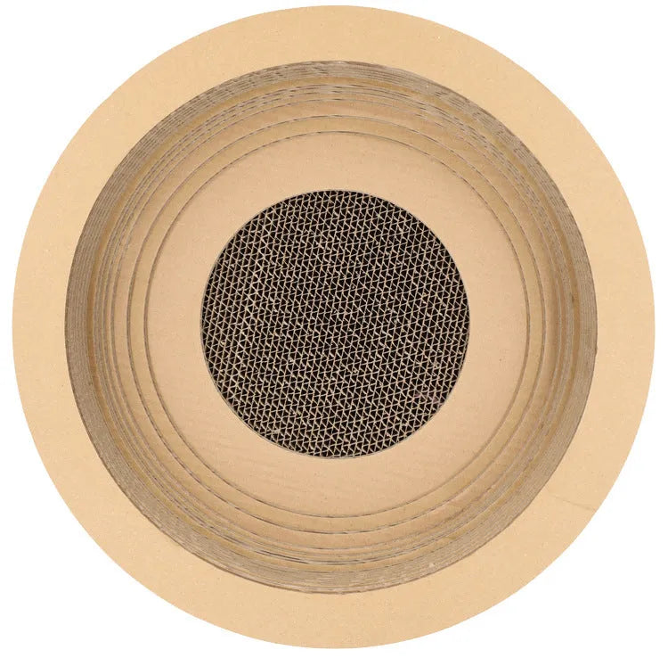Brown paper cat scratch board 40cm diameter on floor with cat scratching