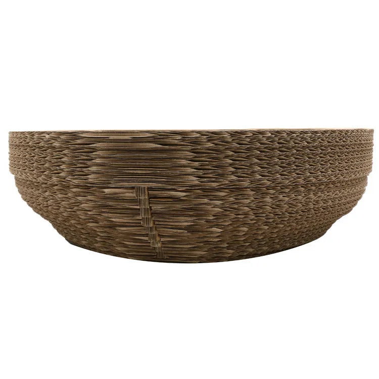 Brown paper cat scratch board 40cm diameter on floor with cat scratching