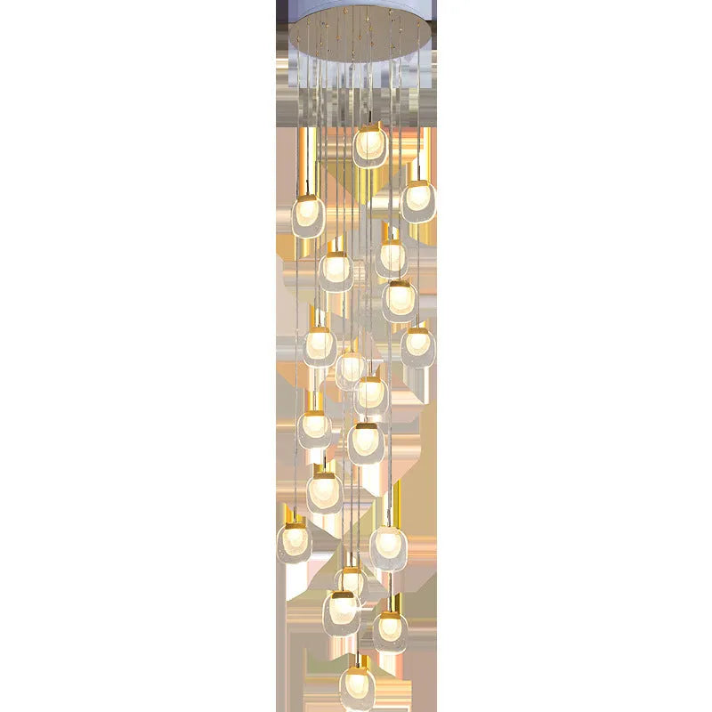Postmodern crystal chandelier with six gold heads, stainless steel chassis, and adjustable cable on a ceiling