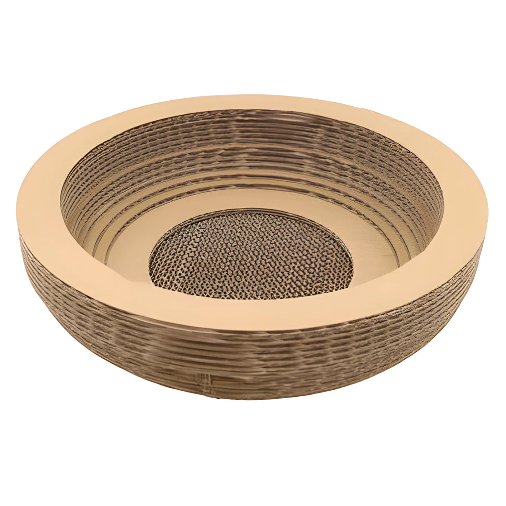 Brown paper cat scratch board 40cm diameter on floor with cat scratching