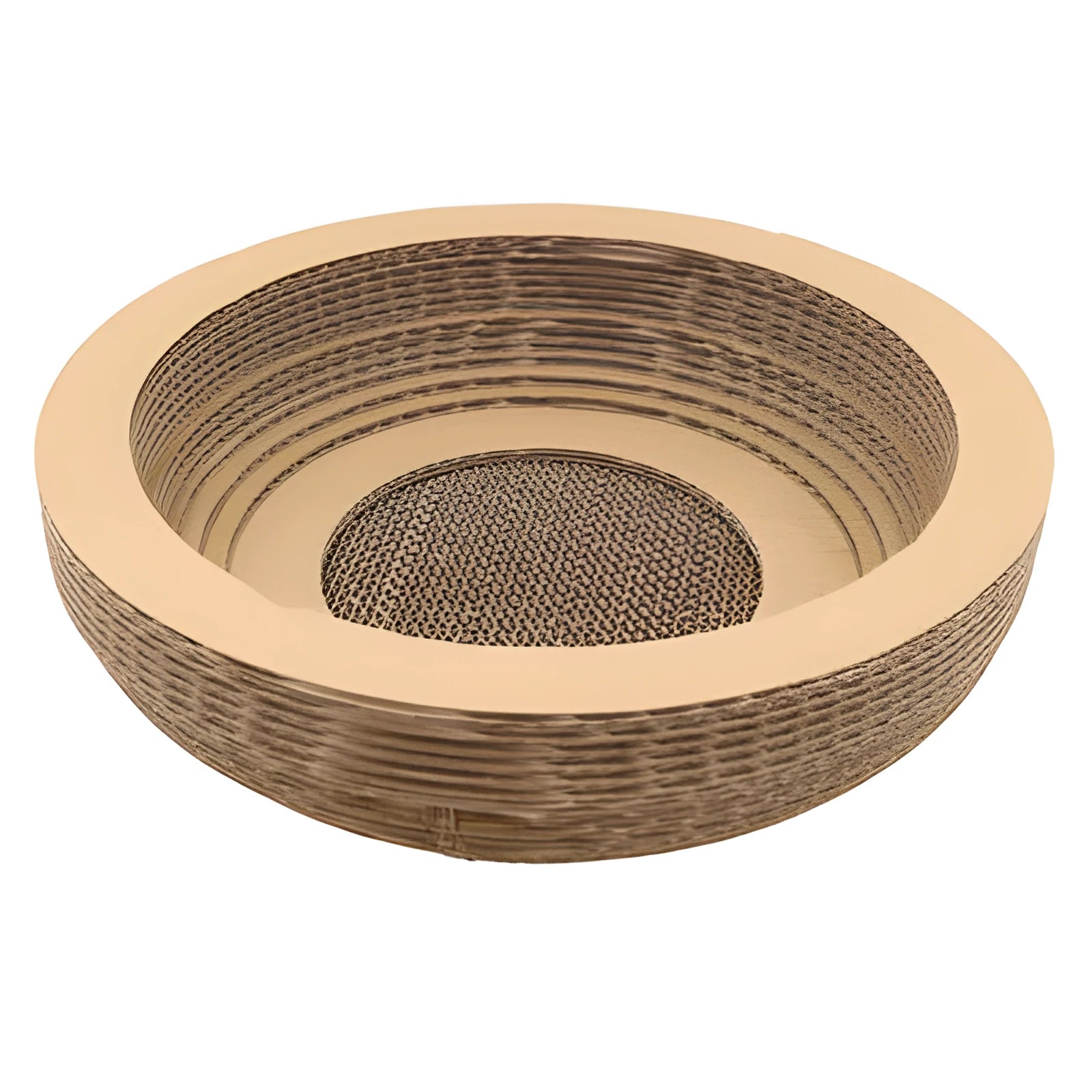 Brown paper cat scratch board 40cm diameter on floor with cat scratching