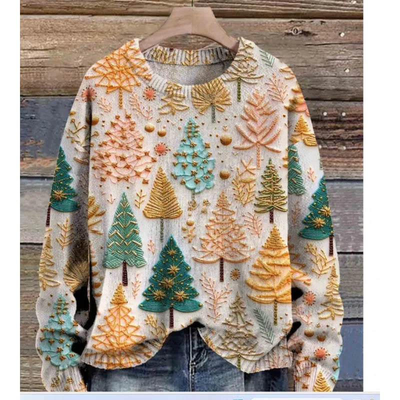 Little flower digital print on a round neck polyester sweater, shown on a hanger.