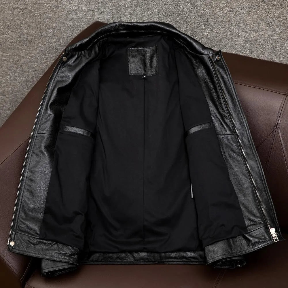 Men's plus size retro Kaji style PU leather jacket with lapel and side seam pockets