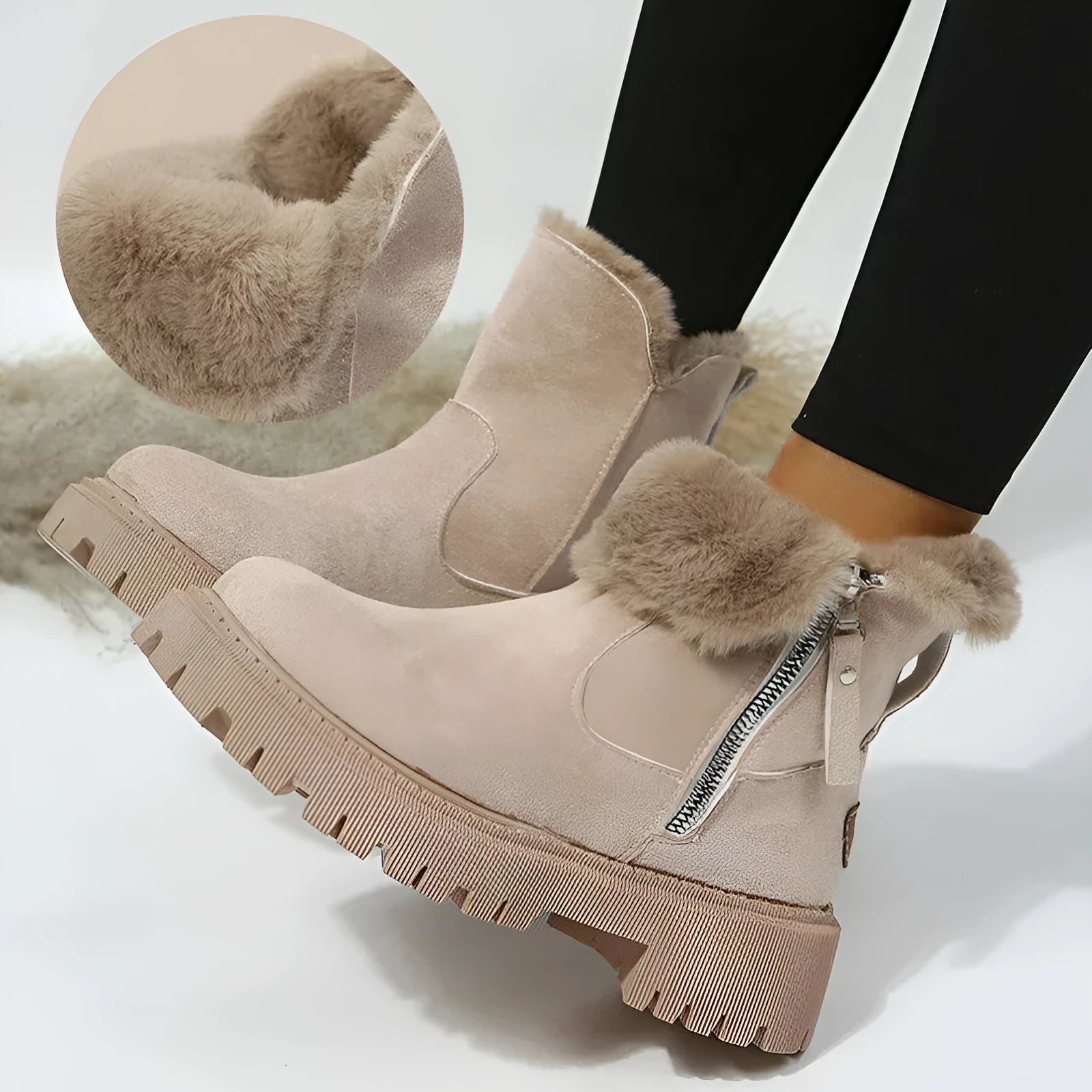 Women's black snow boots with foldable plush tube, suede upper, and rubber sole on winter pavement