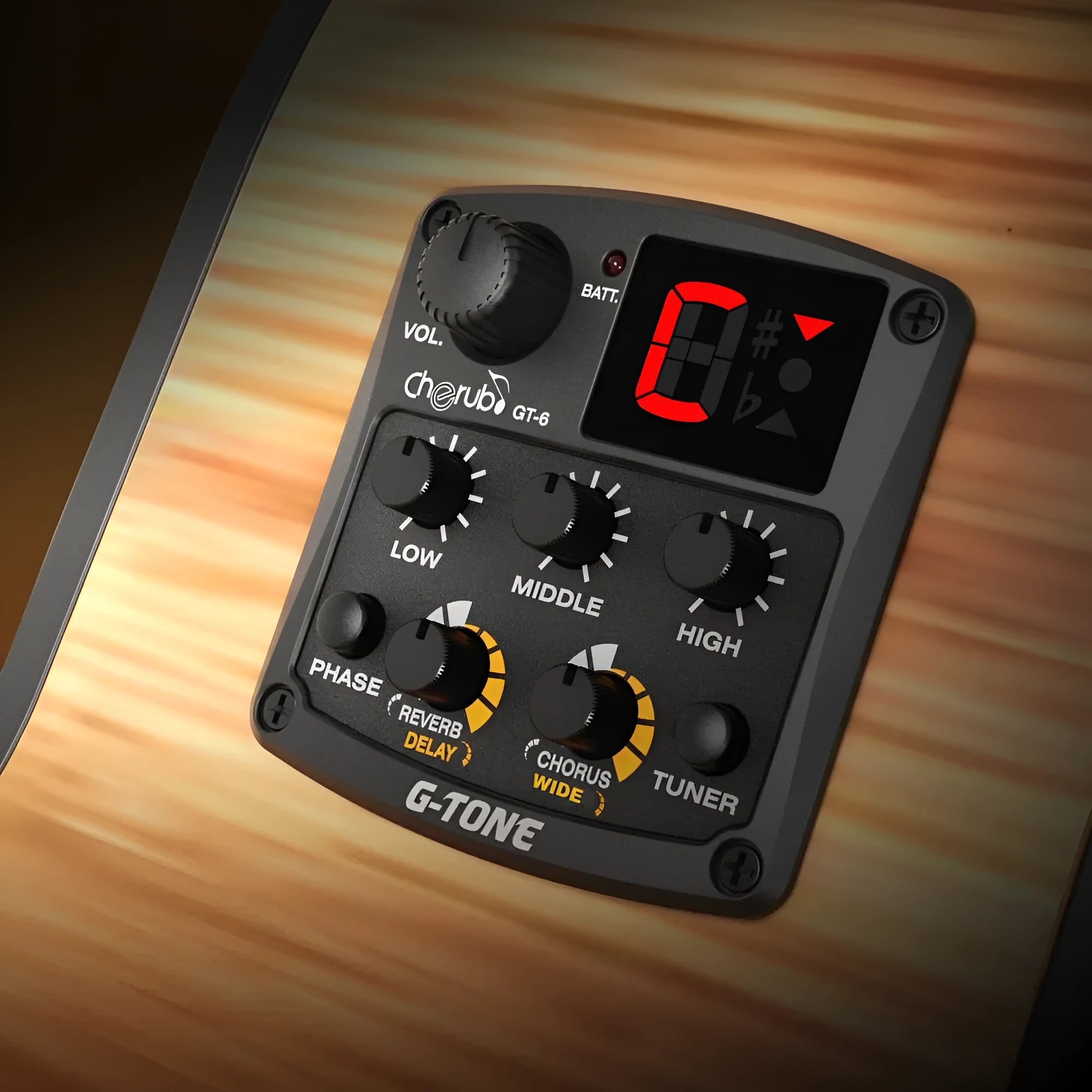 Cherub GT-6 black acoustic guitar pickup and preamp unit with EQ knobs and effects controls