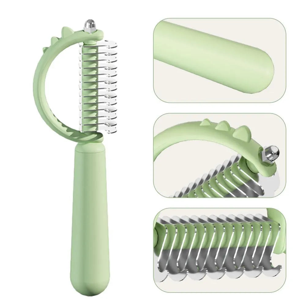 Blue dinosaur-shaped cat brush with self-cleaning feature and double-sided grooming heads