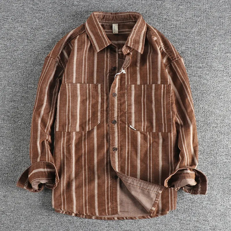 Men's vintage striped casual shirt in loose Japanese retro style with long sleeves