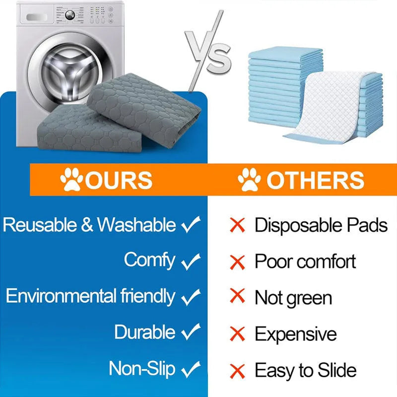 Pack of grey and tan washable, reusable dog pee pads in various sizes on a wooden floor.