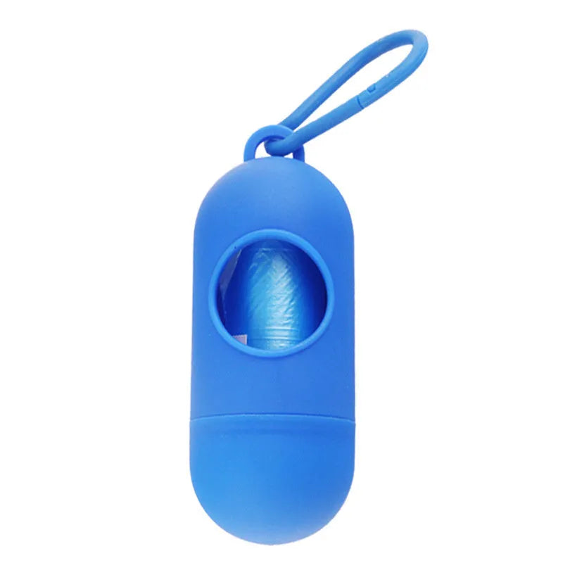 Plastic dog waste bag dispenser holder with a side hook, shown in blue colour