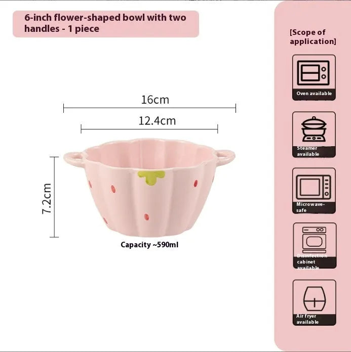 Strawberry pattern ceramic dinnerware set with flower bowls, straw hat plate, and twist spoon