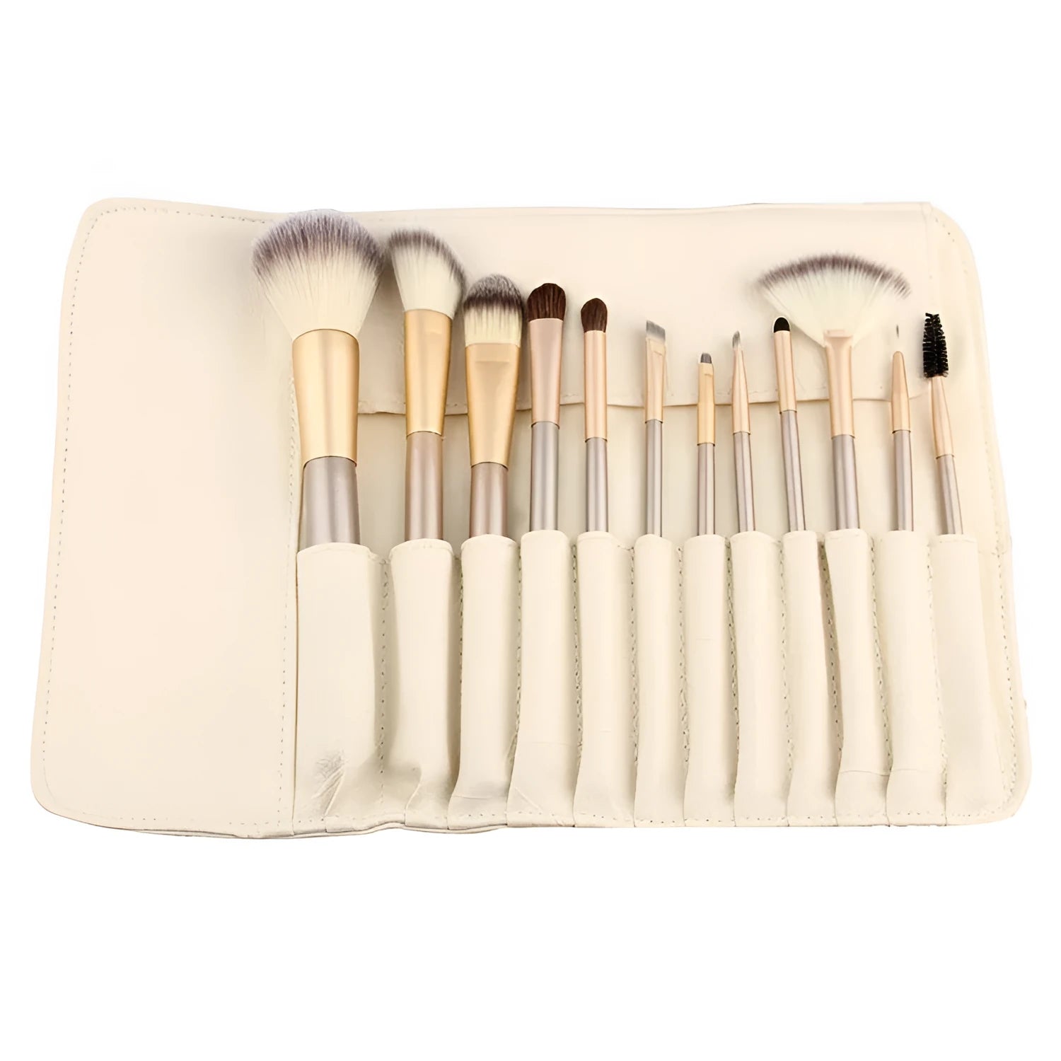 Champagne white synthetic fibre makeup brush set with wooden handles and aluminium ferrules on flat surface