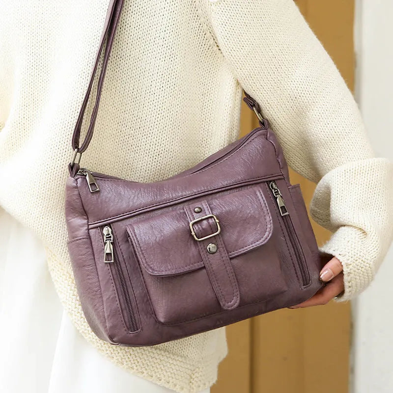 Retro large capacity soft PU leather shoulder messenger bag in brown, 27x20x10cm, with sandwich pocket