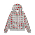 Women's grey cotton hooded cardigan with retro pattern and long sleeves