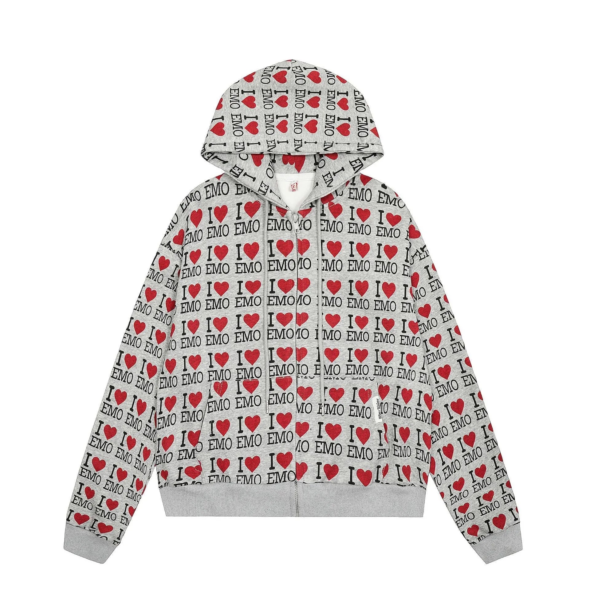 Women's grey cotton hooded cardigan with retro pattern and long sleeves