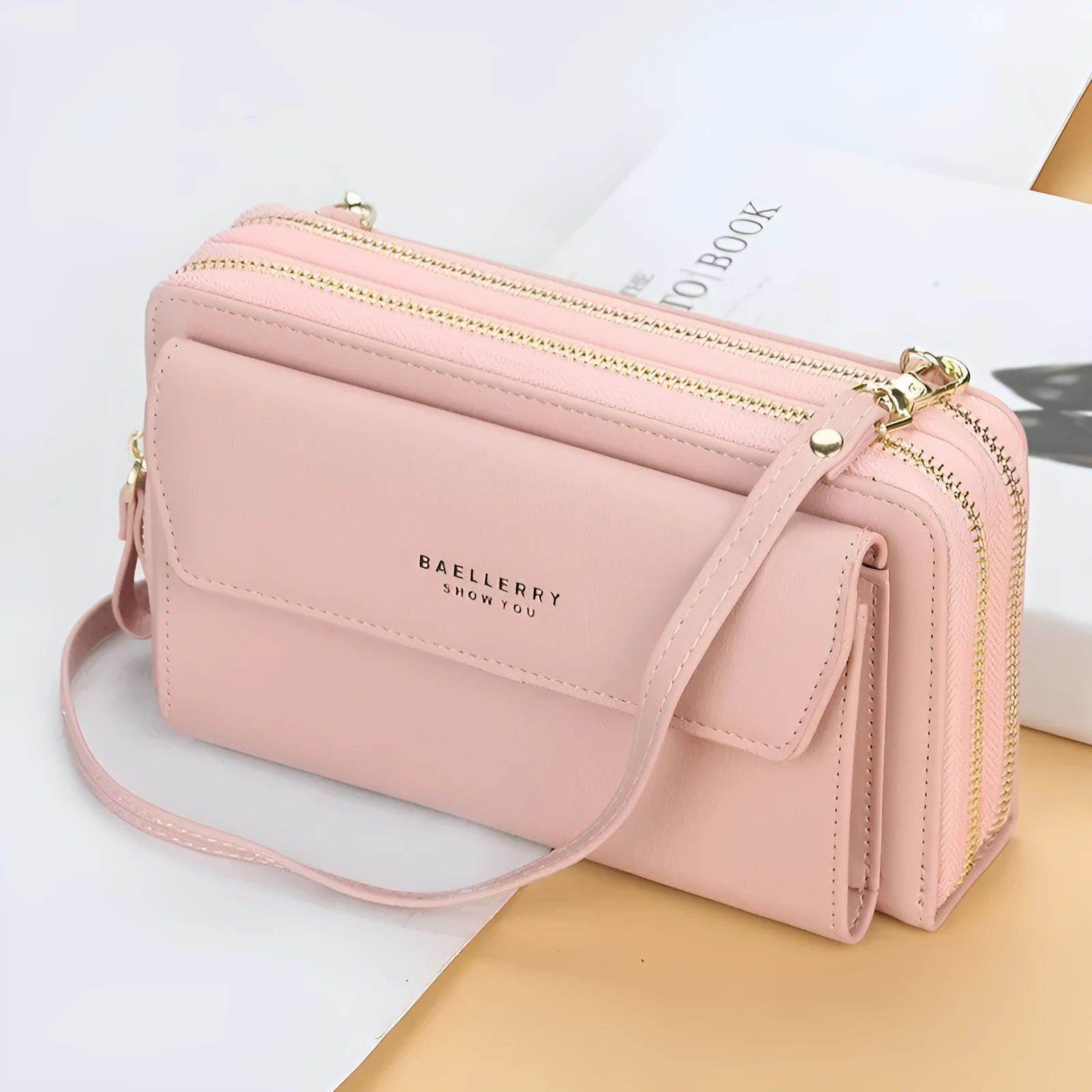 Red PU leather ladies messenger bag with diagonal strap and zipper closure