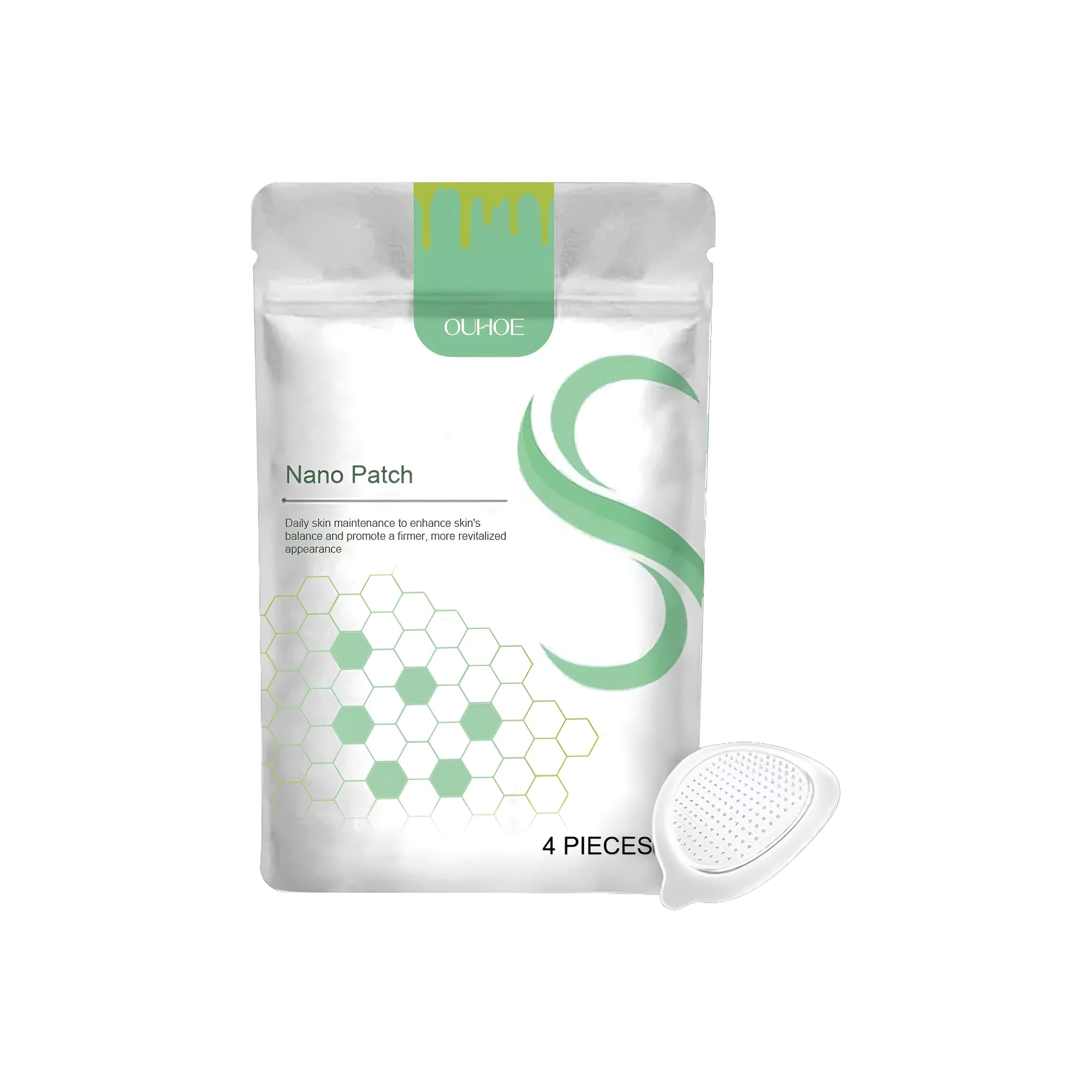 Pack of four circular micro needle body care patches with botanical ingredients on skin