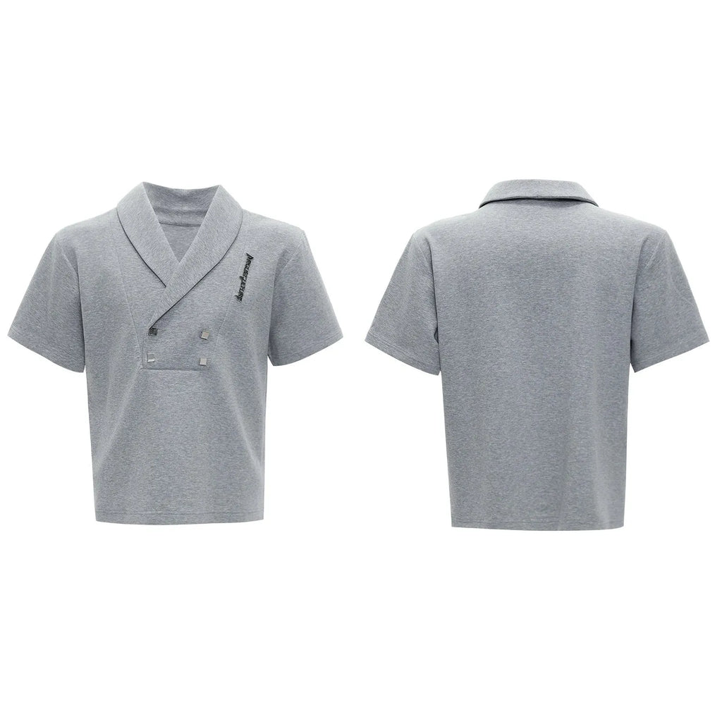 Men's dark grey cotton sports suit with metal embellishments, V-neck design, and padded shoulders