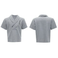 Men's dark grey cotton sports suit with metal embellishments, V-neck design, and padded shoulders