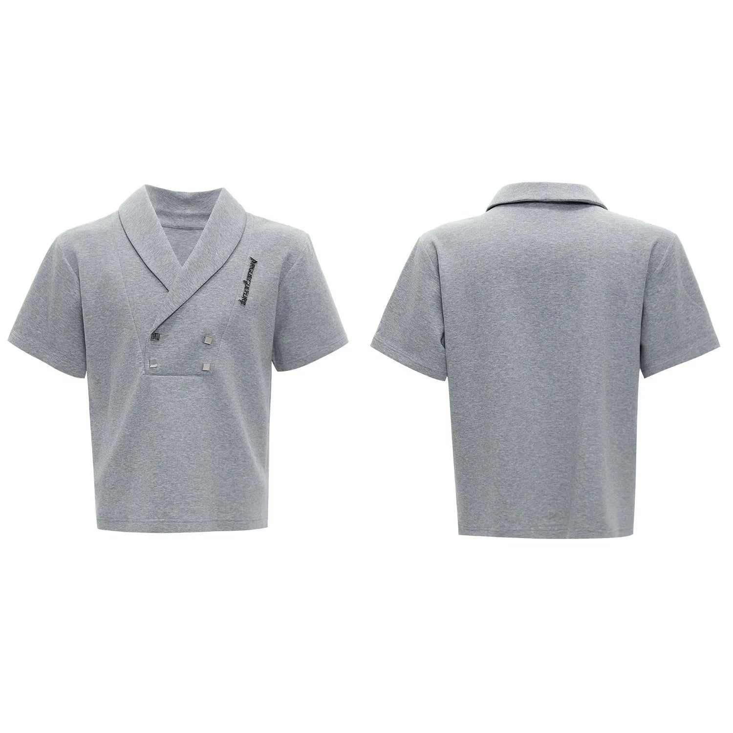 Men's dark grey cotton sports suit with metal embellishments, V-neck design, and padded shoulders