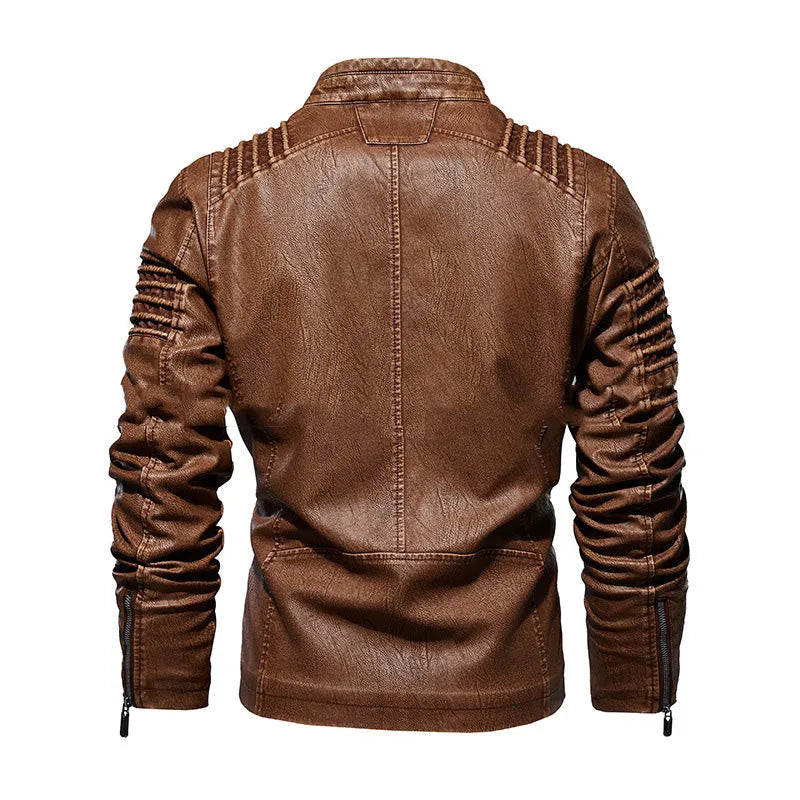 Men's PU leather biker jacket with stand collar, zipper front, and zipper pockets in black
