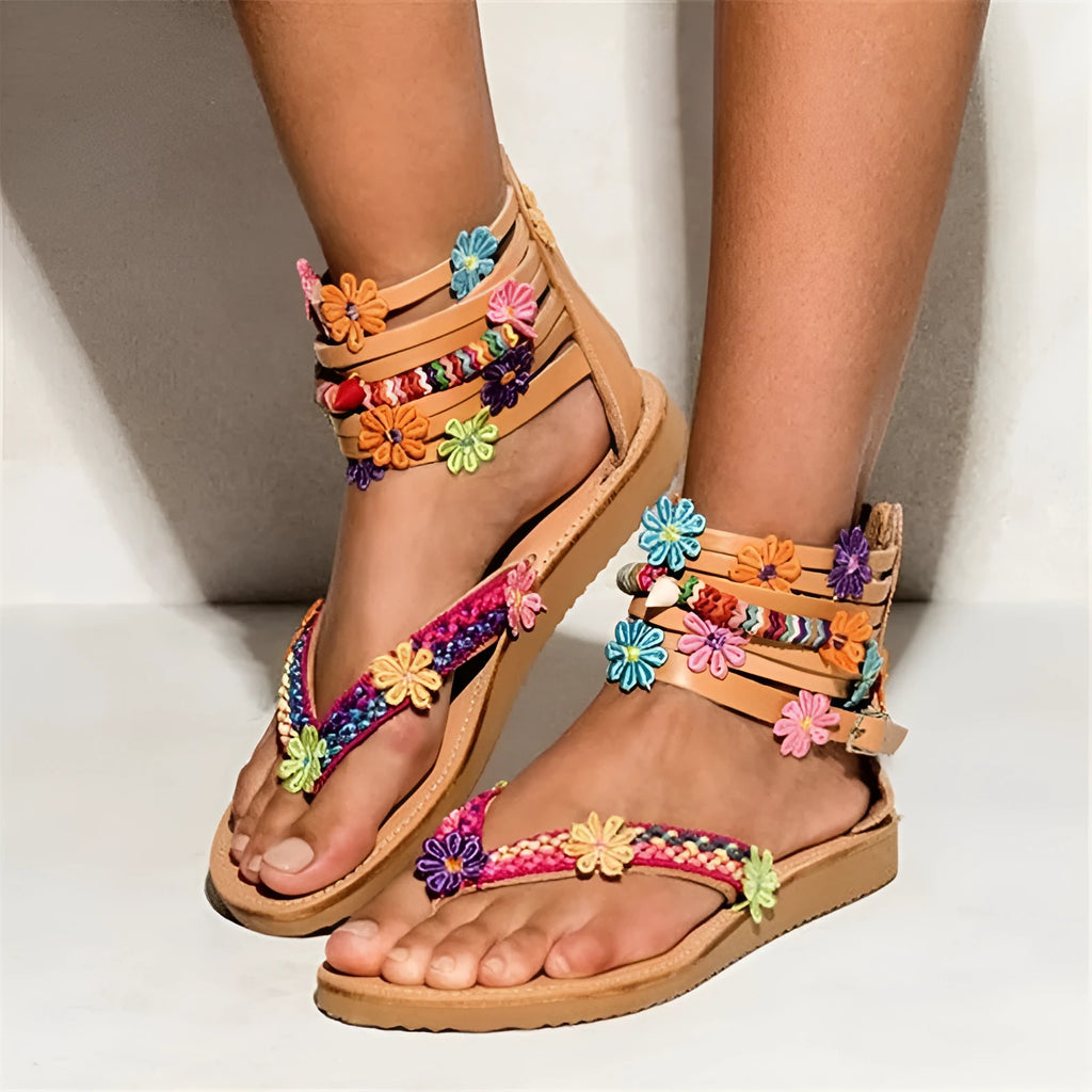 Ethnic style beaded petal sandals with Roman shoe design and round toe in suit colour