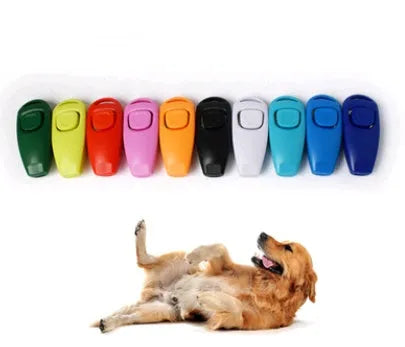 Plastic two-in-one dog training ring and whistle in black on a plain background