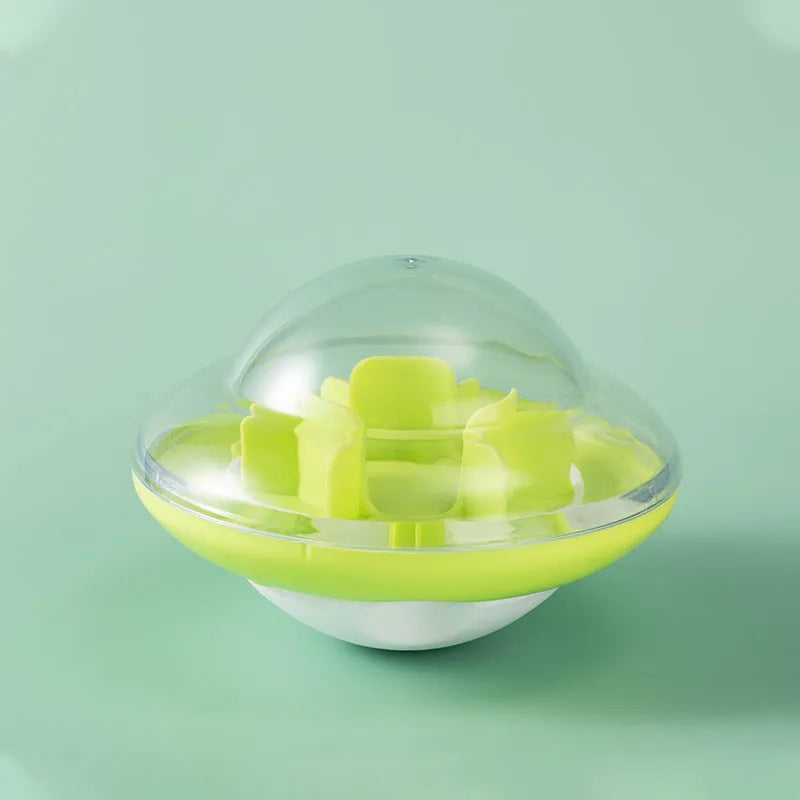 Blue pet tumbler ball toy with visual cabin and labyrinth column on floor