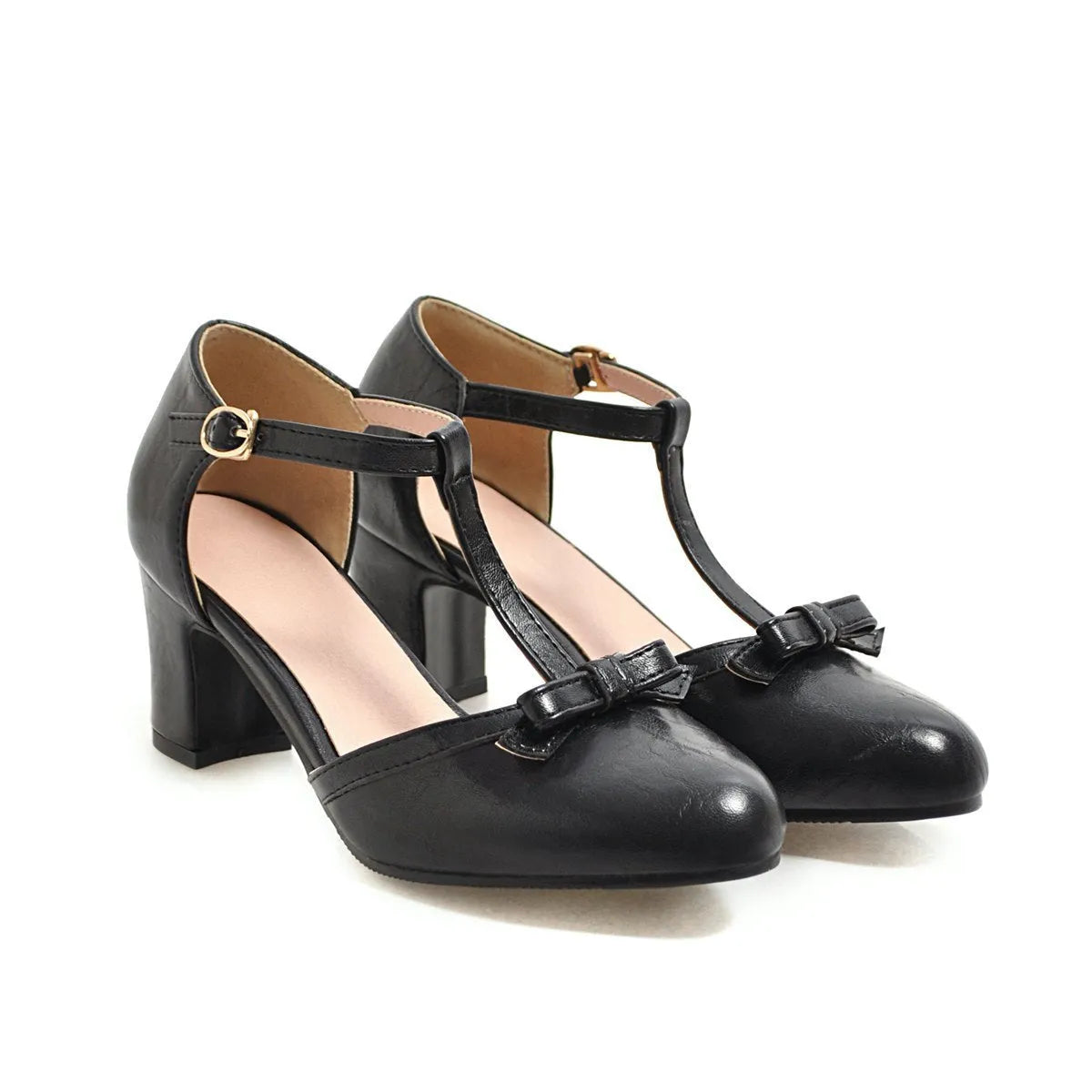 Women's chunky heel sandals with hollow-out design and decorative bow in solid colour with buckle strap