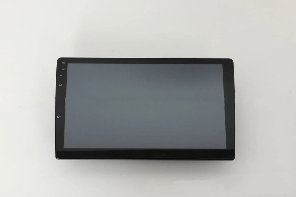 Black Android car stereo with touch screen display showing GPS navigation interface