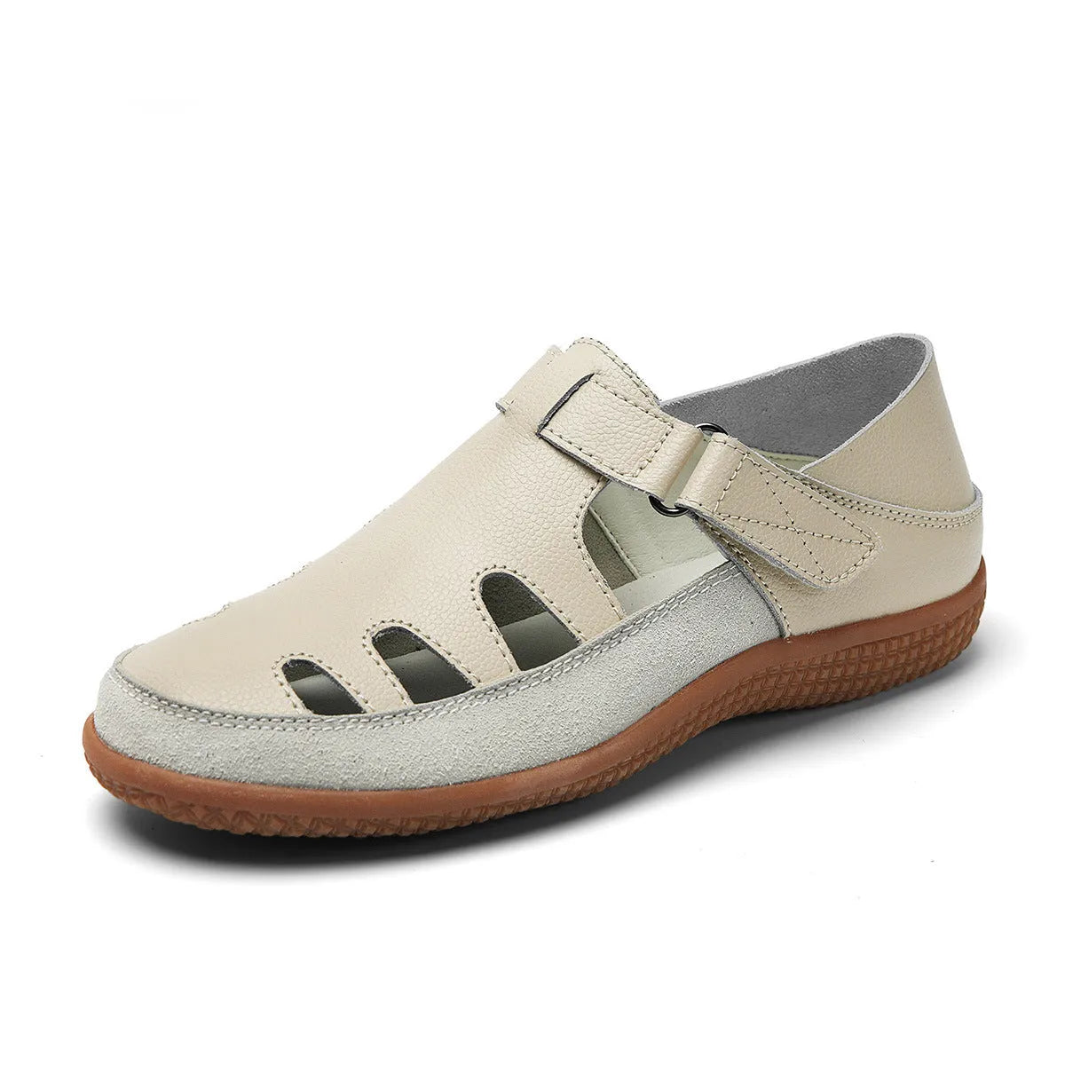 Plus size women's flat sandals with hollow-out design and toe cap in blue, red, or white.