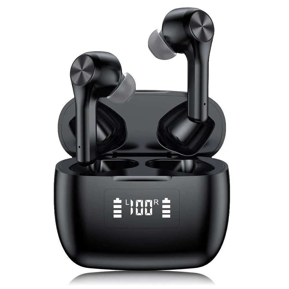 Cool black wireless earbuds with touch controls and charging case