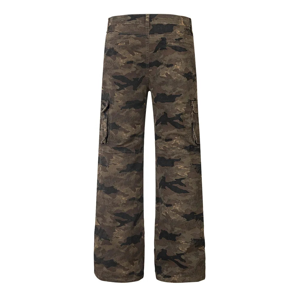 Men's camouflage denim trousers mid-waist casual work pants