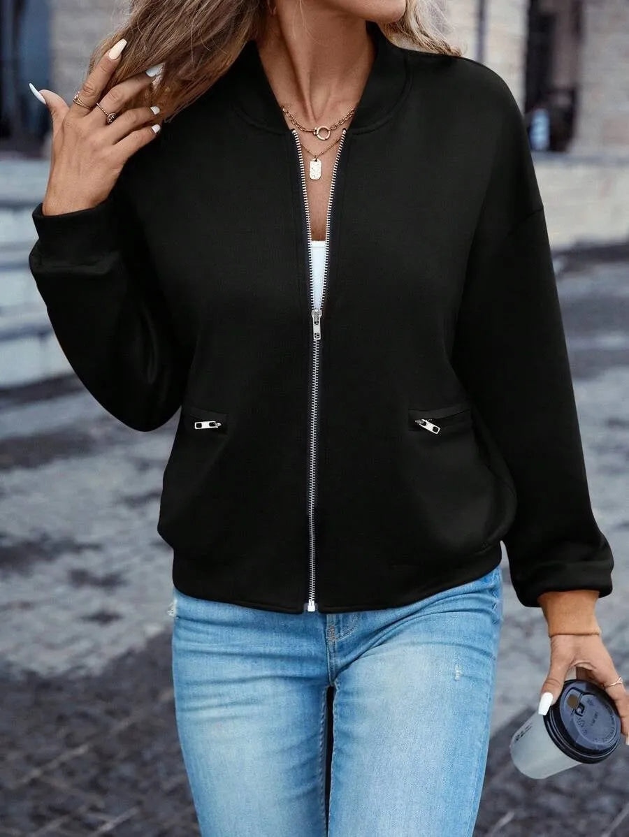 Black women's zip jacket with long sleeves for casual autumn winter wear