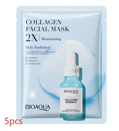 Single sheet of a white collagen face mask and a multi-pack box of 30g facial sheet masks.