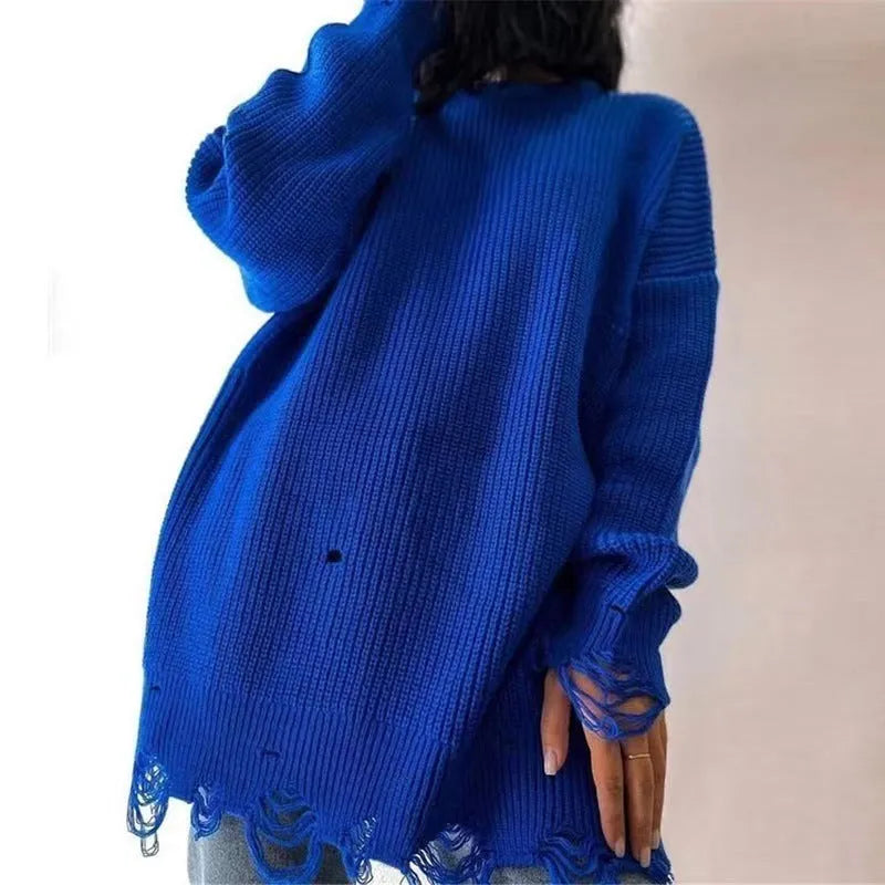 Loose hole knitted pullover sweater for women in solid colour Rose Red, black, and khaki