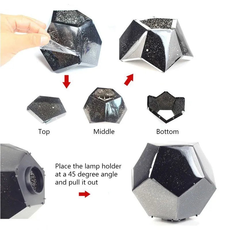 LED starry sky projector showing constellation projection on bedroom ceiling with remote control