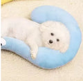 Blue U-shaped cat pillow with a question mark design on a white background