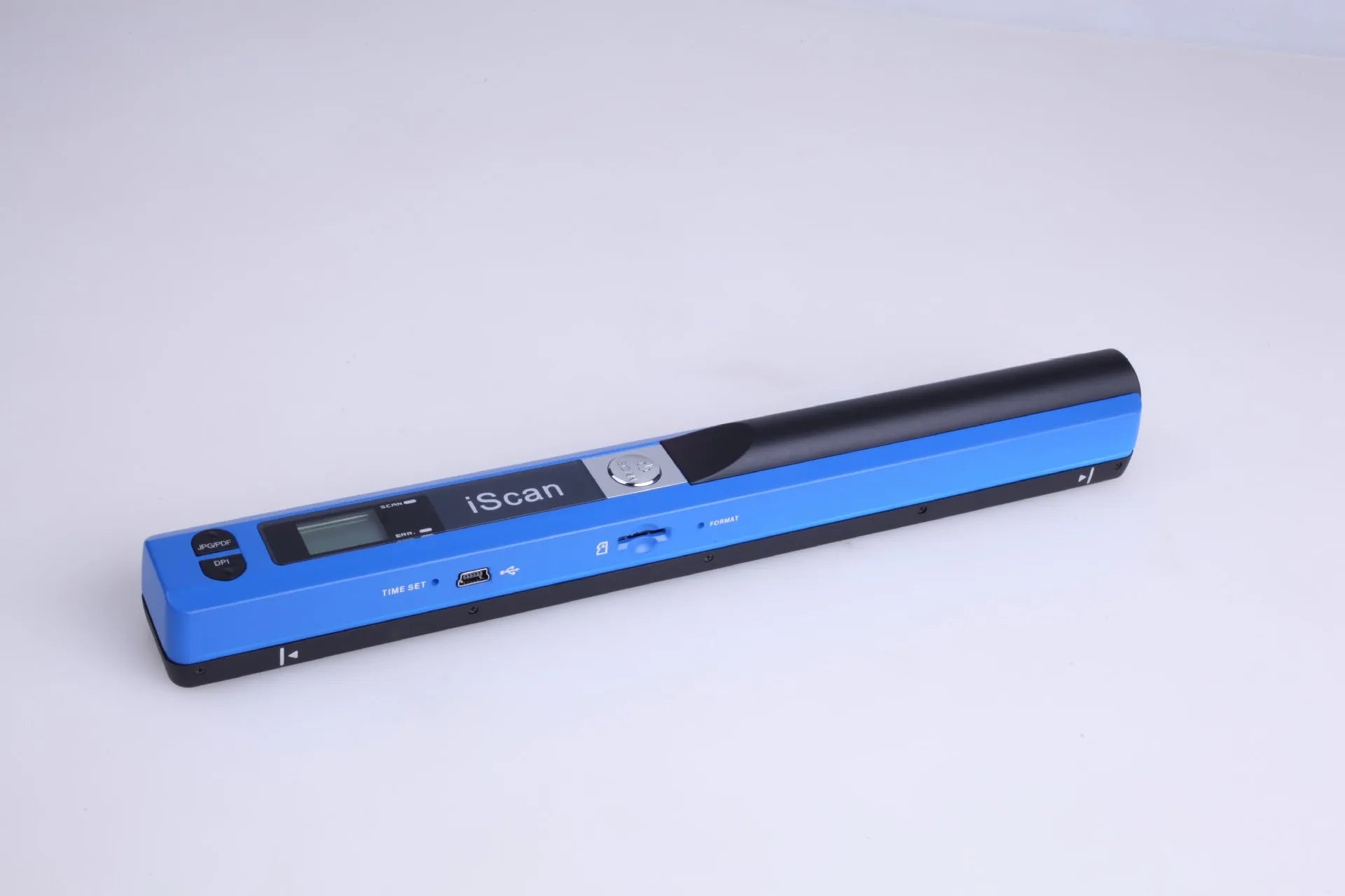 A handheld plastic barcode scanner shown in five colour options: black, blue, green, red, and silver.