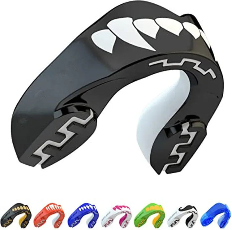 Adult boxing mouthguard with printed teeth design in black/white, red/white, and blue/white colour options