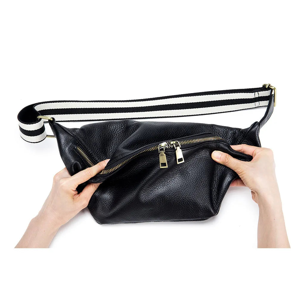Genuine leather messenger bag waist bag first layer cowhide large capacity black brown white women casual shoulder bag