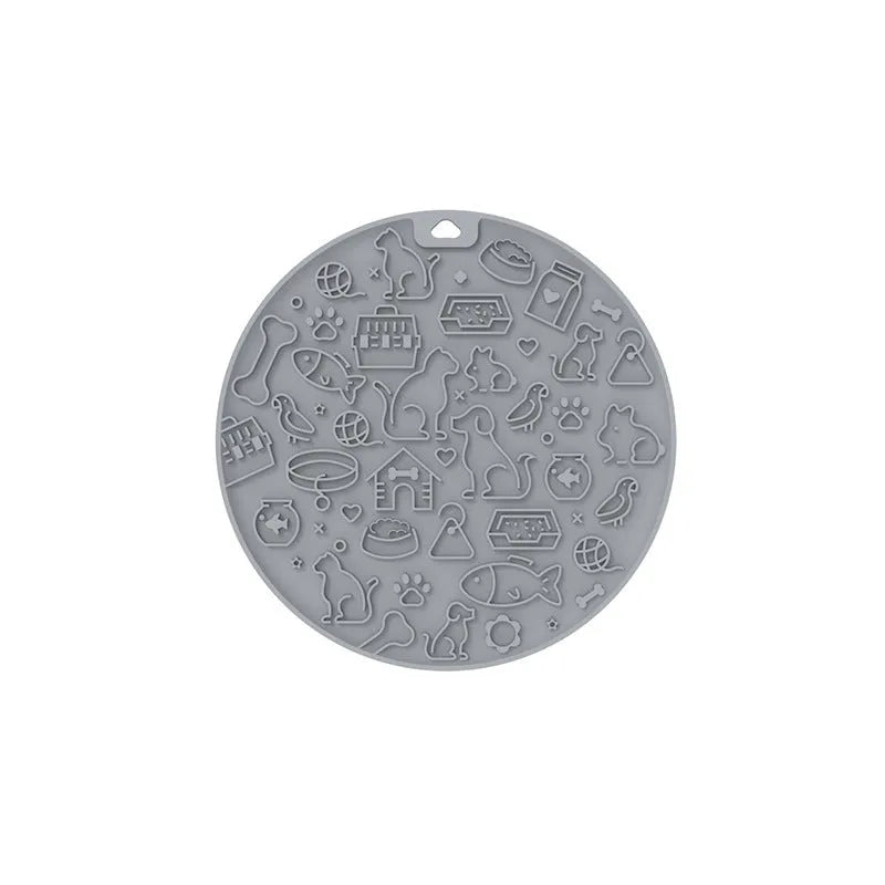 Round silicone pet licking mat with suction cup, shown in blue colour.